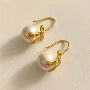 VIANRLA 925 Sterling Silver Jewelry Shell Bead Bow Earrings 18k Gold Plated Earring For Women
