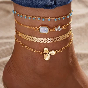 VKME 4Pcs Set Flower Beaded Anklet Set for Women Jewelry