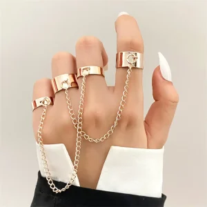 VKME Fashion Punk Rose Gold Chain Connect Finger Rings Hip Hop Adjustable Four Finger Rings for Girls DJ