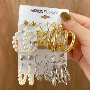 VKME Fashion Vintage Pearl Metal Drop Earring Set for Women’s Punk Oversized Circle Metal Chain Dangle Earrings