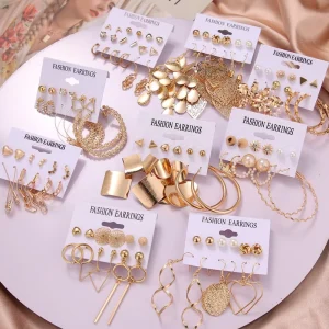 VKME Gold Plated Leaf Set Trend Big Hoop Earrings Set for Women Jewelry