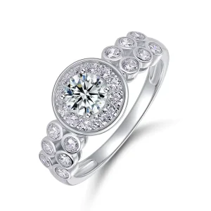 VVS1 D E Moissanite Bezel Halo Promise Ring S925 Silver Bubble Paved Band Wedding Anniversary Engagement Gift Ring
