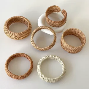 Vacation Beach Bohemian Style Handmade Weaved Rattan Bangles Retro Circle Wide Rattan Bracelet for Women and Girls