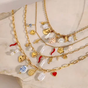 Vacation Outfit Coastal Pearl Jewelry Charms Heart Shell Coral Pendant Layered Resort Seaside Holiday Stainless Steel Necklace