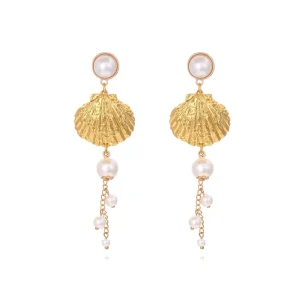 Vacation Style Alloy Shell Pearl Design Imitation Pearl Long Tassel Drop Ears Stud Elegant Luxury Fashion Modern Trendy Jewelry