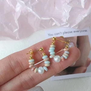 Vacation Style Natural Stone Beaded Pearl Pendant Earrings for Women and Girls