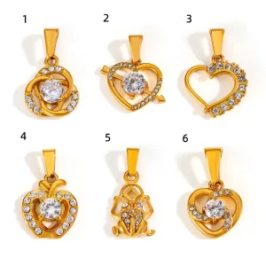 Vacuum 18K Gold Plated Stainless Steel Heart Zircon Charms Multi Shape DIY Pendants Bracelet Necklace Accessories