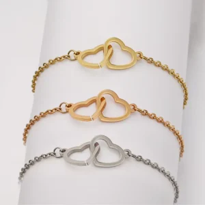 Valentine Day Women Gift Bracelet En Acier Inoxydable Gold Plated Stainless Steel Double Heart Anklet Fashion Jewelry Bracelets