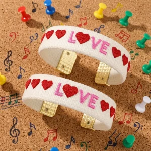 Valentine Romantic Heart Embroidery Woven Bangle Adjustable Open Fashion Charm Handmade Bangles for Female Party Anniversary