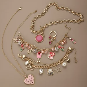Valentine Romantic Hearts Shape Rhinestones Trendy Link Fashion Jewelry Gift Set Dainty Design Gold Plated Charm