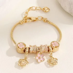 Valentine’s Day Fashion DIY Women’s Heart shaped Bead Bracelet with Clover Rhinestone Punk Style Stainless Steel Copper Alloy