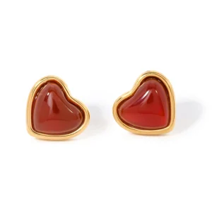 Valentine’s Day Gift Earrings Jewelry Red Women Stainless Steel Gold Plated Agate Cute Stud Earrings