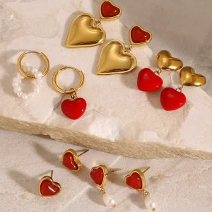 Valentine’s Day Gift Fashion Waterproof 18k Gold Plated Stainless Steel Pearl Heart Red Resin Jewelry Earrings for Women Party