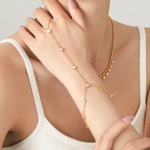 Valentine’s Day Gift Jewelry Fashion White Heart Zircon 18K PVD Gold Plated Stainless Steel Love Bead Bracelet for Girls