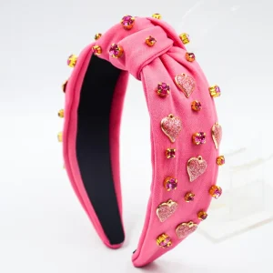 Valentine’s Day Glitter Heart Knotted Headband Rhinestone Charm Hair Hoops Romantic Holiday Hair Accessories for Women Girls