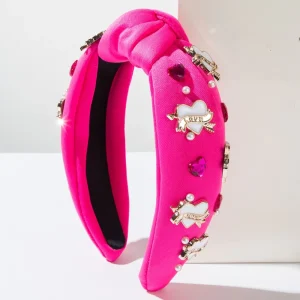 Valentine’s Day Heart Charm Knotted Headband High Quality 13CM Pink Red Rhinestone Pearl Romantic Women’s Hair Accessories
