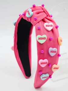 Valentine’s Day Knotted Headbands Candy Heart & Pearl Hair Hoops Holiday Hair Accessories for Women