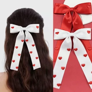 Valentine’s Day Red Heart Bow Ribbon Hair Clips Sweet Cute Fashion Back Head Top Clips Hair Accessories for Teen Girls