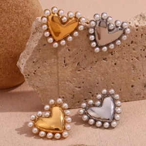 Valentine’s Day Trendy Retro Internet Anti Tarnish 18K Stainless Steel Jewelry Outer Pearl Smooth Heart Earrings