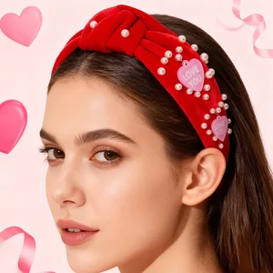 Valentine’s LOVE YOU Knotted Headbands Red & Pink Pearl Hair Hoops Women’s Hair Accessories