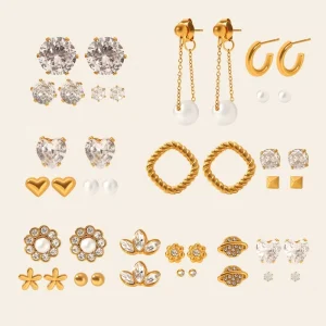 Versatile 18K Gold Plated Stainless Steel Multi Style Earring Set Zircon Pearl Flower Daily Party Gifting Fashion Jewelry