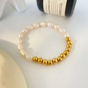 Versatile Natural Freshwater Pearl Handmade Beaded Splicing Titanium Steel Gold Plated Bracelet Fashion Jewelry