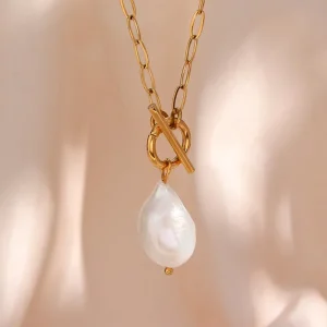 Versatile Pendant Accessory Stainless Steel Baroque Freshwater Pearl Paperclip Chain Necklace Women Classic Jewelry