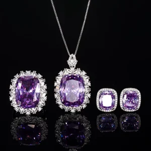 Versatile Purple Zircon Temperament Pendant Set with Niche Design Ice Flower Princess Square Earrings