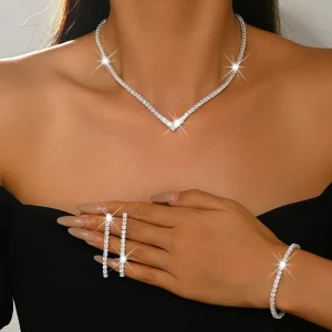 Versatile V Shaped Jewelry Sets Shiny Rhinestone Tassel Earrings Tennis Bracelet Collarbone Necklaces for Women Set