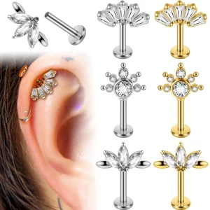Vertical Lotus Helix Piercing Jewelry 16G Zircon 316L Stainless Steel Flat Back Earring Rook Tragus Earrings Labret Stud