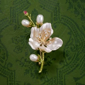 Vibrant Fresh Spring Alloy Metal Plated Multi color Peach Blossom Pearl Brooch For Ladies Suit Decoration