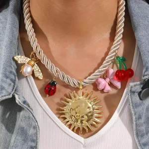 Vibrant Sunflower Charm Necklace Copper Gold Tone Summer Beach Vacation Choker Boho Aesthetic Jewelry Gift for Women