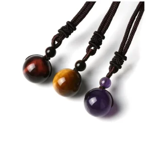 Vintage 10/12/14/16mm Natural Stone Tiger Eye Pendant Necklace Bohemian Hand Woven Amethyst Rope Chain Unisex Fashion Accessory