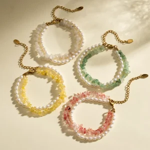 Vintage 18K Gold Plated 316L Stainless Steel Natural Freshwater Pearl Candy Irregular Stones Beaded Bracelets Gift
