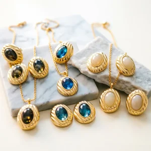 Vintage 18K Gold Plated Gemstone Jewelry Set 9 Pieces Necklace Earring Gold Frame Blue White Black Resin Statement Collection