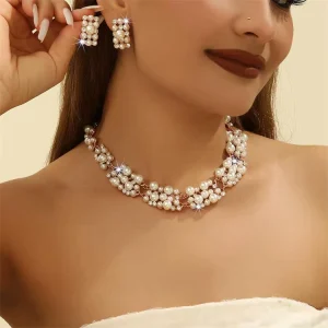 Vintage 18K Gold Plated Imitation Pearl Chain Necklace and Earrings Set for Women’s Wedding Jewelry