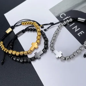 Vintage 18K Gold Plated Round Stainless Steel Beaded Bracelets Adjustable Braided Rope Women Men Jewelry Cross Bangles