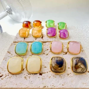 Vintage 18K Gold Plated Square Smooth Resin Stud Earrings Multi Candy Color Geometric Statement Women Daily Wear Jewelry Ladies