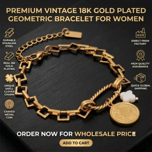 Vintage 18K Gold Plated Stainless Steel Geometric Link Carved Shell Clover Coin Medal Charm Bracelet for Women