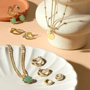 Vintage 18k Gold Plated Chain Necklace Green Jade Gem Earrings Pendant Set Stainless Steel Jewelry Sets Wedding for Woman