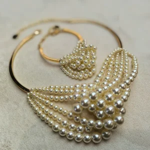 Vintage 18k Gold Plated Costume Jewelry Set 18k Gold Pearl Choker Necklace Knot Pearl Strands Beads Bracelet Earring Necklace