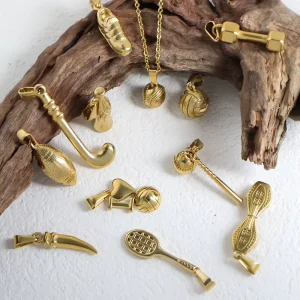 Vintage 24K Gold Plated Stainless Steel Link Chain Pendant Set Volleyball Baseball Basketball Charms Unisex DIY Jewelry Making