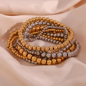 Vintage 316L Stainless Steel Beaded Chain Bracelet 18K Gold Plated Unisex Fashion Jewelry Bangles