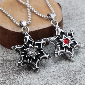 Vintage 316L Stainless Steel Hexagram Gemstone Pendant Necklace for Men Gothic Jewelry