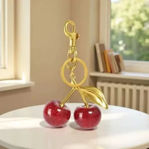 Vintage 3D Crystal Cherry Bag Charm Keyring Glitter Purse Accessory with Silk Screen Printing