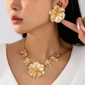 Vintage 3D Flower Statement Jewelry Set Floral Branch Necklace Earrings Formal Party Women Accessory