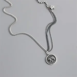 Vintage 925 Sterling Silver Oxidation Elephant Fashion Round Disc Pendant Necklace
