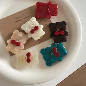 Vintage Acetate Bear Hair Clip Cute Bow Duckbill Clip Bangs & Side Clips for Broken Hair Sweet Party Luxury Hair Accessory