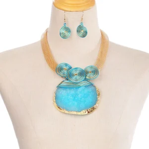 Vintage African Tribal Costume Jewelry Set Chunky Statement Necklace Big Rhinestone Crystal Pendant Collar Choker