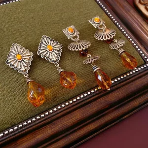 Vintage Alloy Antique Copper Plated Bezel Setting Silver Needle Amber Flower Drop Earrings Women’s Party Fashion